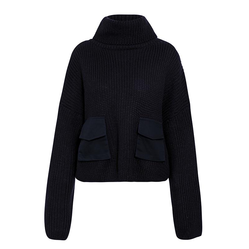 Simplee women's drop sleeve turtleneck sweater in autumn winter patchwork design, featuring pockets and a cozy fit.