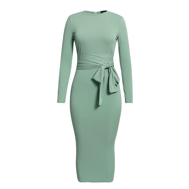 Simplee Elegant Bow Tie Women Party Dress in cotton, featuring a stylish bow tie sash, mid-calf length, and full sleeves, perfect for autumn and winter events.