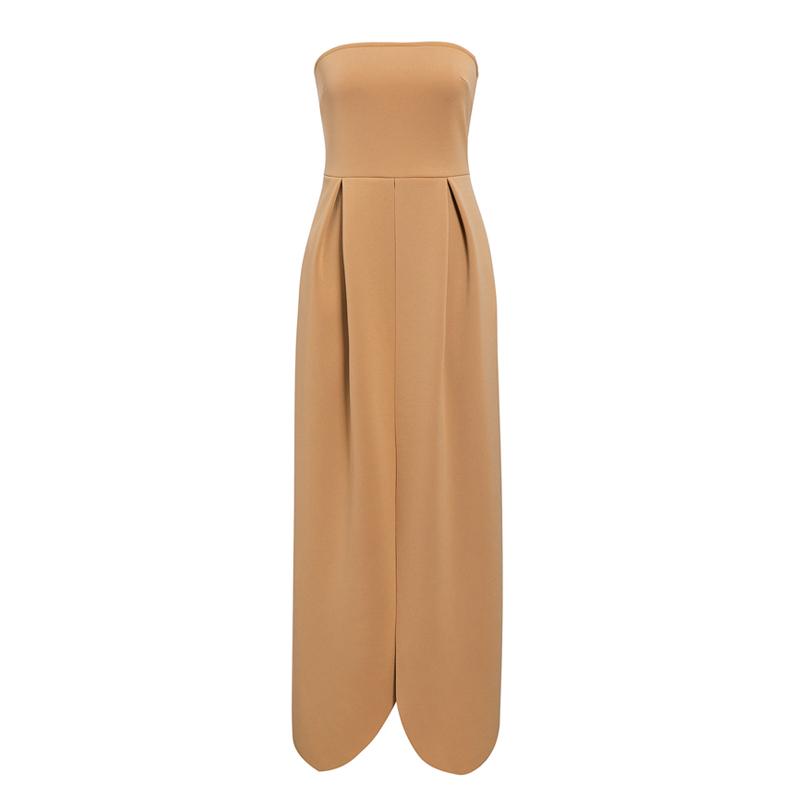 Simplee Elegant women evening party dress in camel color, featuring a strapless design and ankle-length silhouette, perfect for formal occasions.