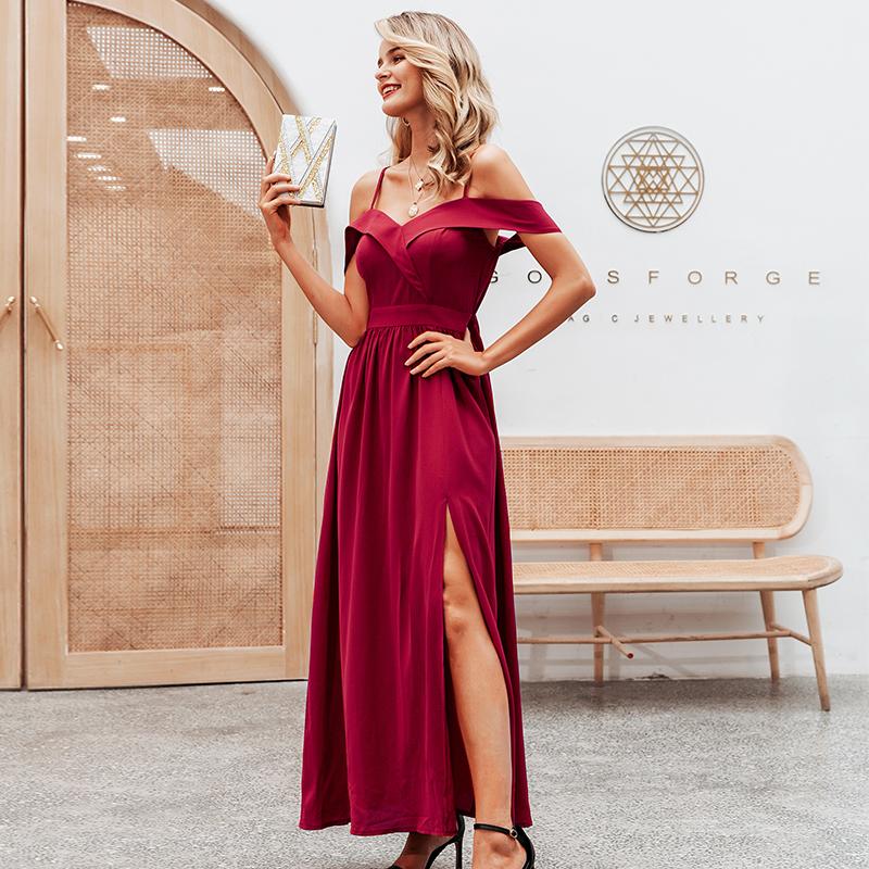 Elegant Simplee Sexy off shoulder maxi dress in wine red, featuring a V-neck and spaghetti straps, perfect for parties and formal events.