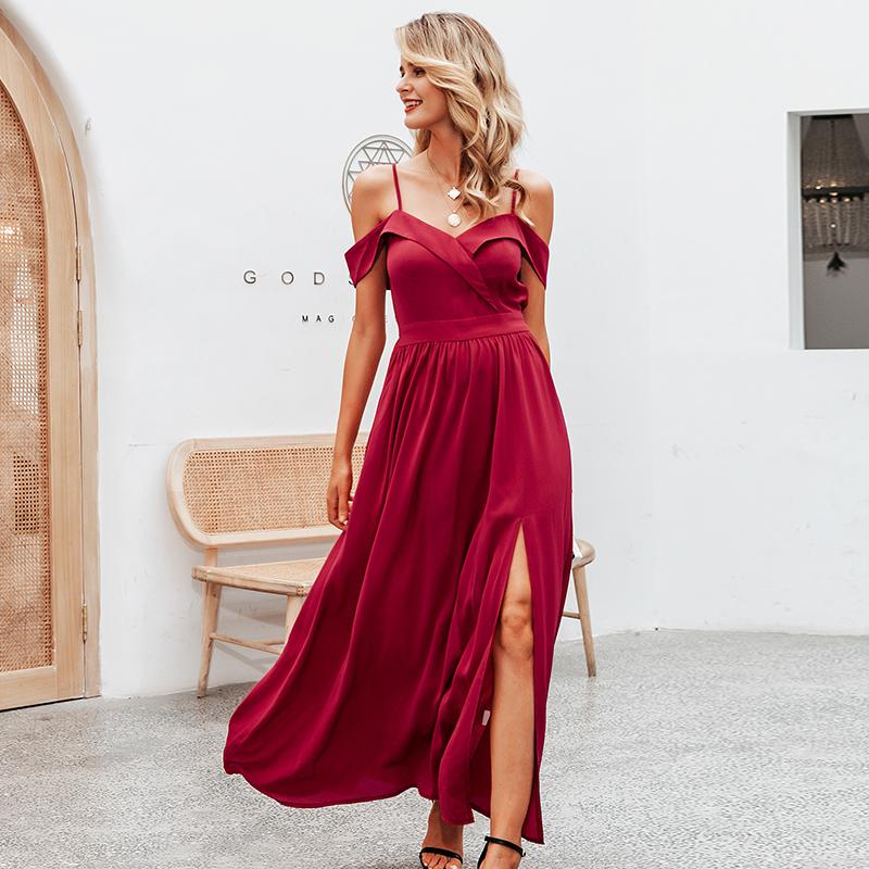 Elegant Simplee Sexy off shoulder maxi dress in wine red, featuring a V-neck and spaghetti straps, perfect for parties and formal events.