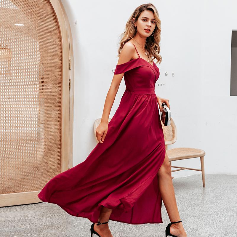 Elegant Simplee Sexy off shoulder maxi dress in wine red, featuring a V-neck and spaghetti straps, perfect for parties and formal events.