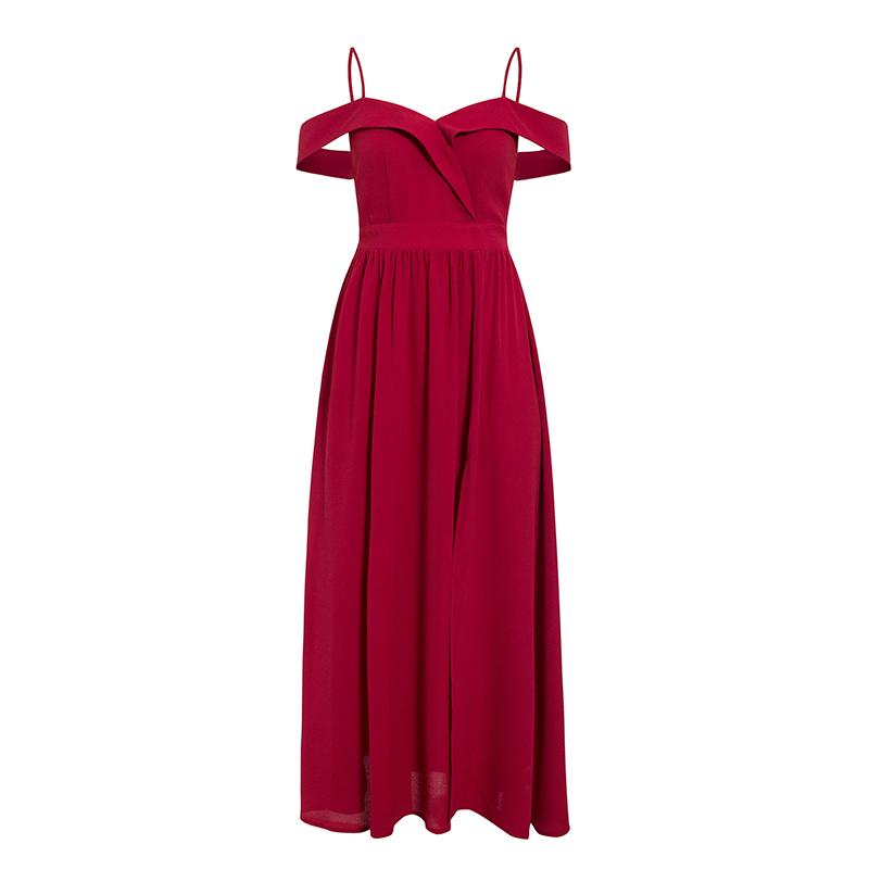 Elegant Simplee Sexy off shoulder maxi dress in wine red, featuring a V-neck and spaghetti straps, perfect for parties and formal events.