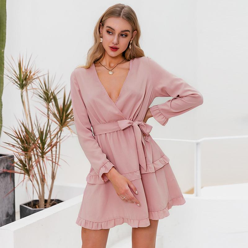 Simplee Sexy V-Neck Women Dress in pink with ruffled long sleeves and A-line silhouette, perfect for work and casual occasions.