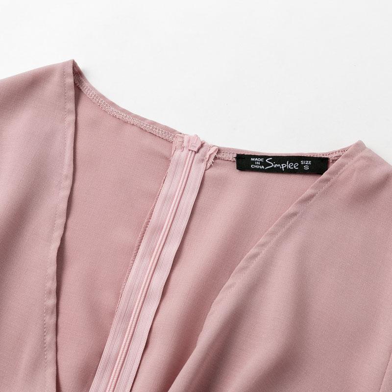 Simplee Sexy V-Neck Women Dress in pink with ruffled long sleeves and A-line silhouette, perfect for work and casual occasions.