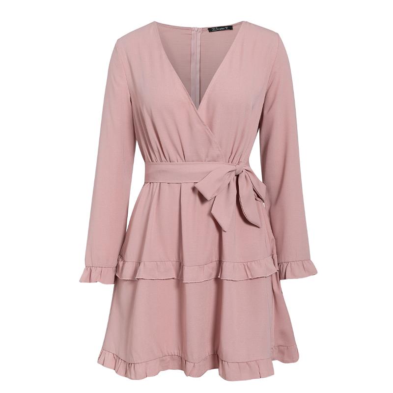 Simplee Sexy V-Neck Women Dress in pink with ruffled long sleeves and A-line silhouette, perfect for work and casual occasions.