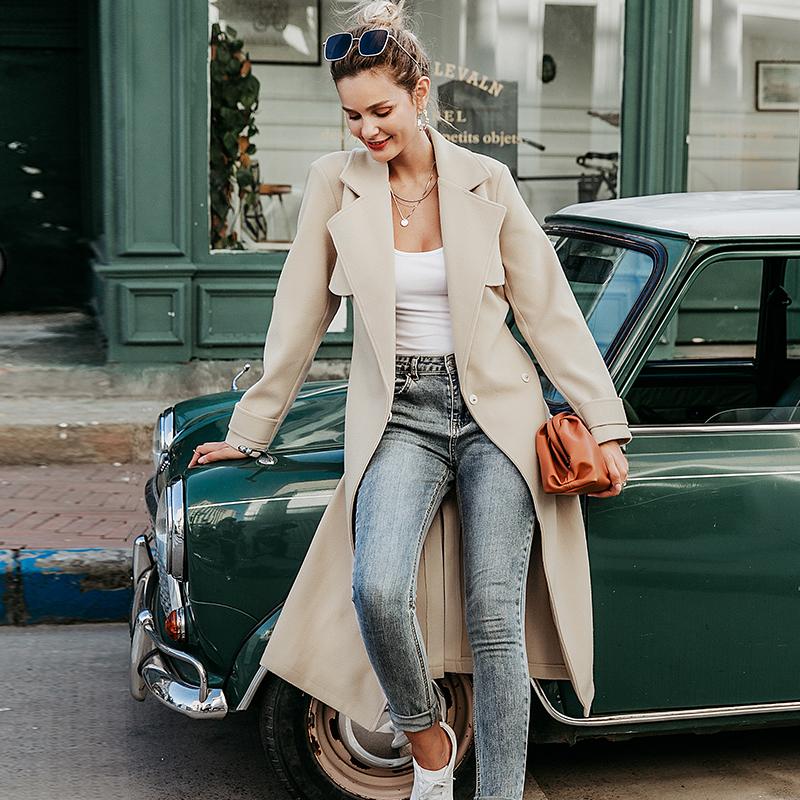 Simplee Wool Blend Winter Tweed Coat for women, featuring long sleeves, a chic sash, and a turn-down collar in a classic beige color.