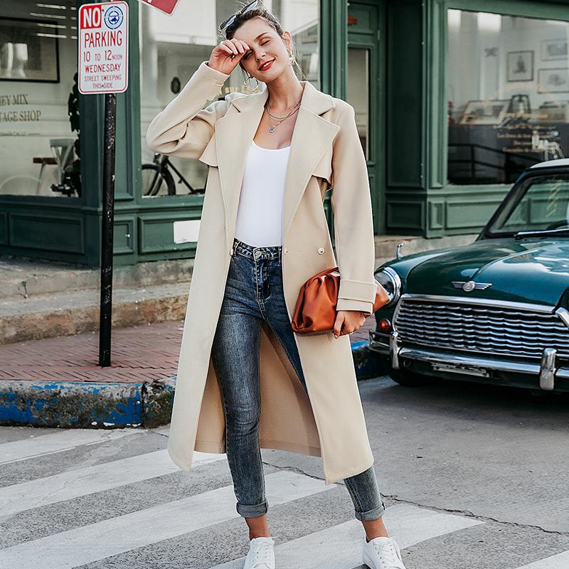 Simplee Wool Blend Winter Tweed Coat for women, featuring long sleeves, a chic sash, and a turn-down collar in a classic beige color.