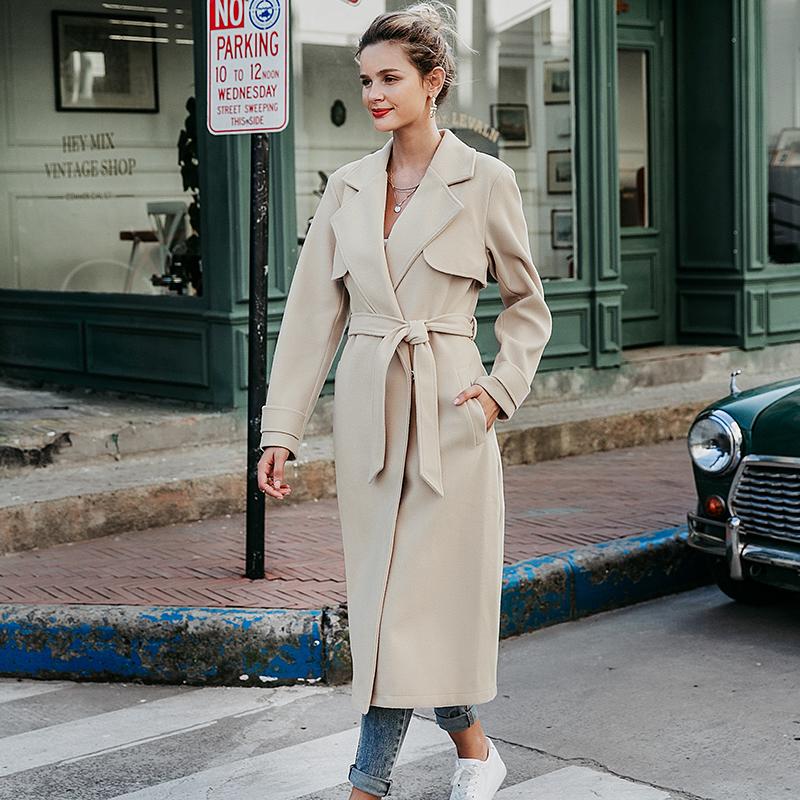 Simplee Wool Blend Winter Tweed Coat for women, featuring long sleeves, a chic sash, and a turn-down collar in a classic beige color.