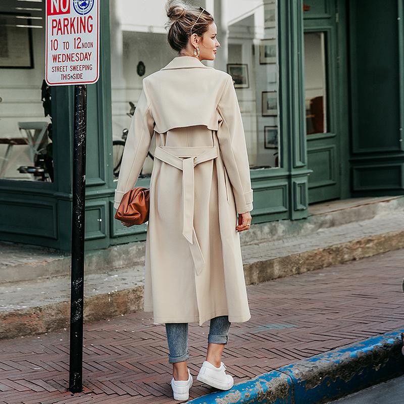 Simplee Wool Blend Winter Tweed Coat for women, featuring long sleeves, a chic sash, and a turn-down collar in a classic beige color.