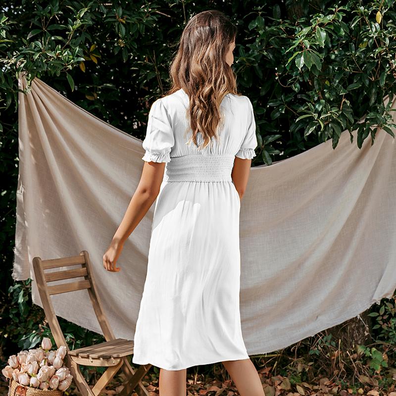 Simplee Women Ruffled Boho Dress in white with lantern sleeves and ruffles, perfect for summer occasions.