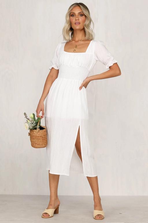 Simplee Women Ruffled Boho Dress in white with lantern sleeves and ruffles, perfect for summer occasions.