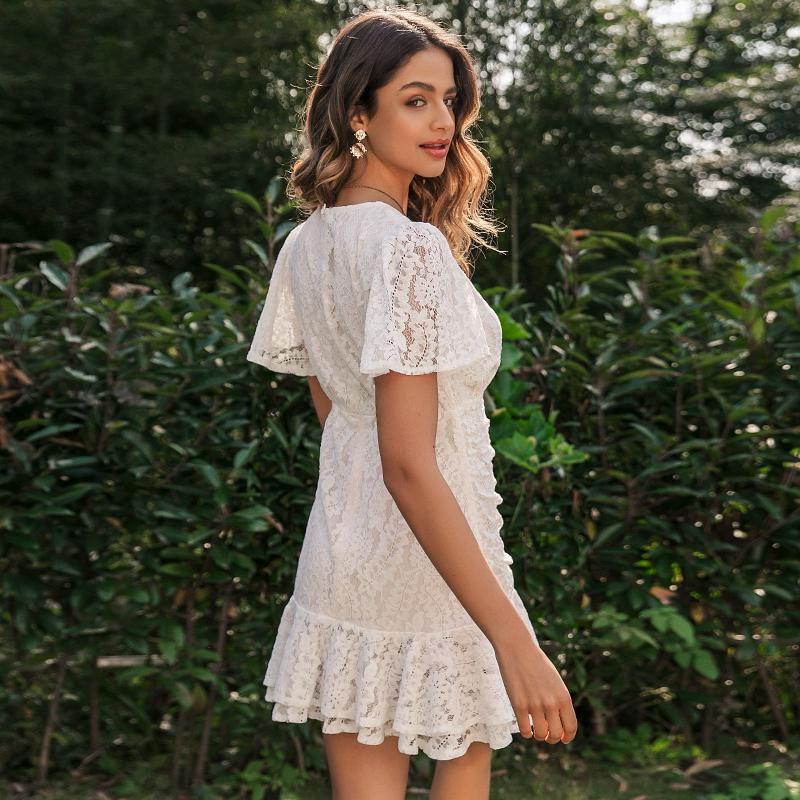 Simplee Women Summer Lace Dress in white with floral pattern, featuring a sexy v-neck and butterfly sleeves, perfect for summer occasions.