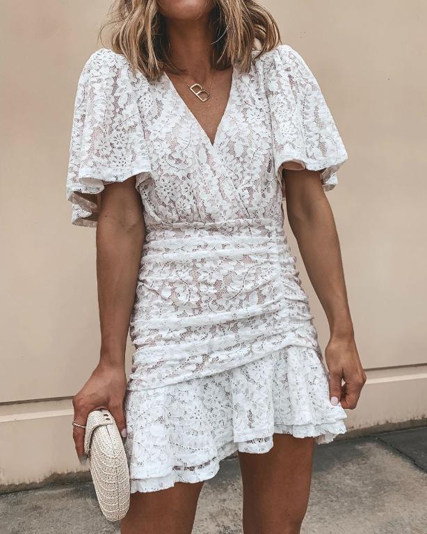 Simplee Women Summer Lace Dress in white with floral pattern, featuring a sexy v-neck and butterfly sleeves, perfect for summer occasions.