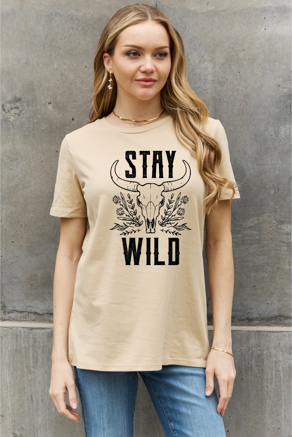 Simply Love Full Size STAY WILD Graphic Cotton Tee in casual style, featuring a round neck and short sleeves, made from 100% cotton.