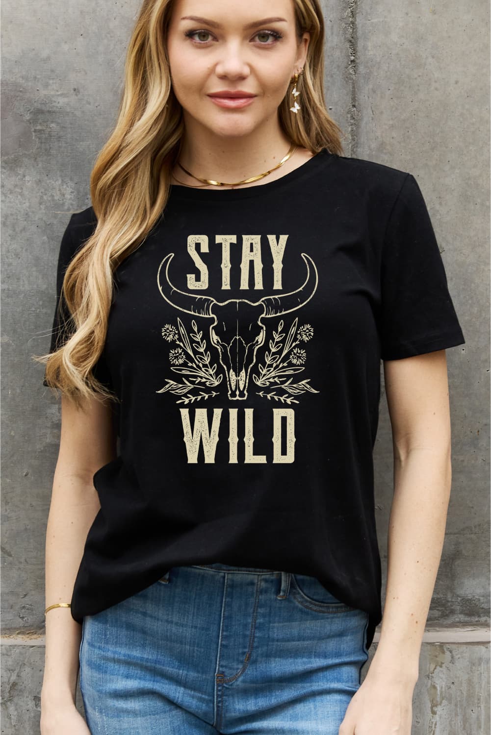 Simply Love Full Size STAY WILD Graphic Cotton Tee in casual style, featuring a round neck and short sleeves, made from 100% cotton.