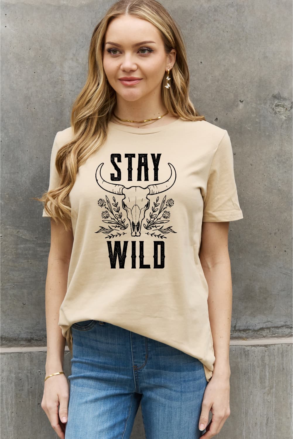 Simply Love Full Size STAY WILD Graphic Cotton Tee in casual style, featuring a round neck and short sleeves, made from 100% cotton.