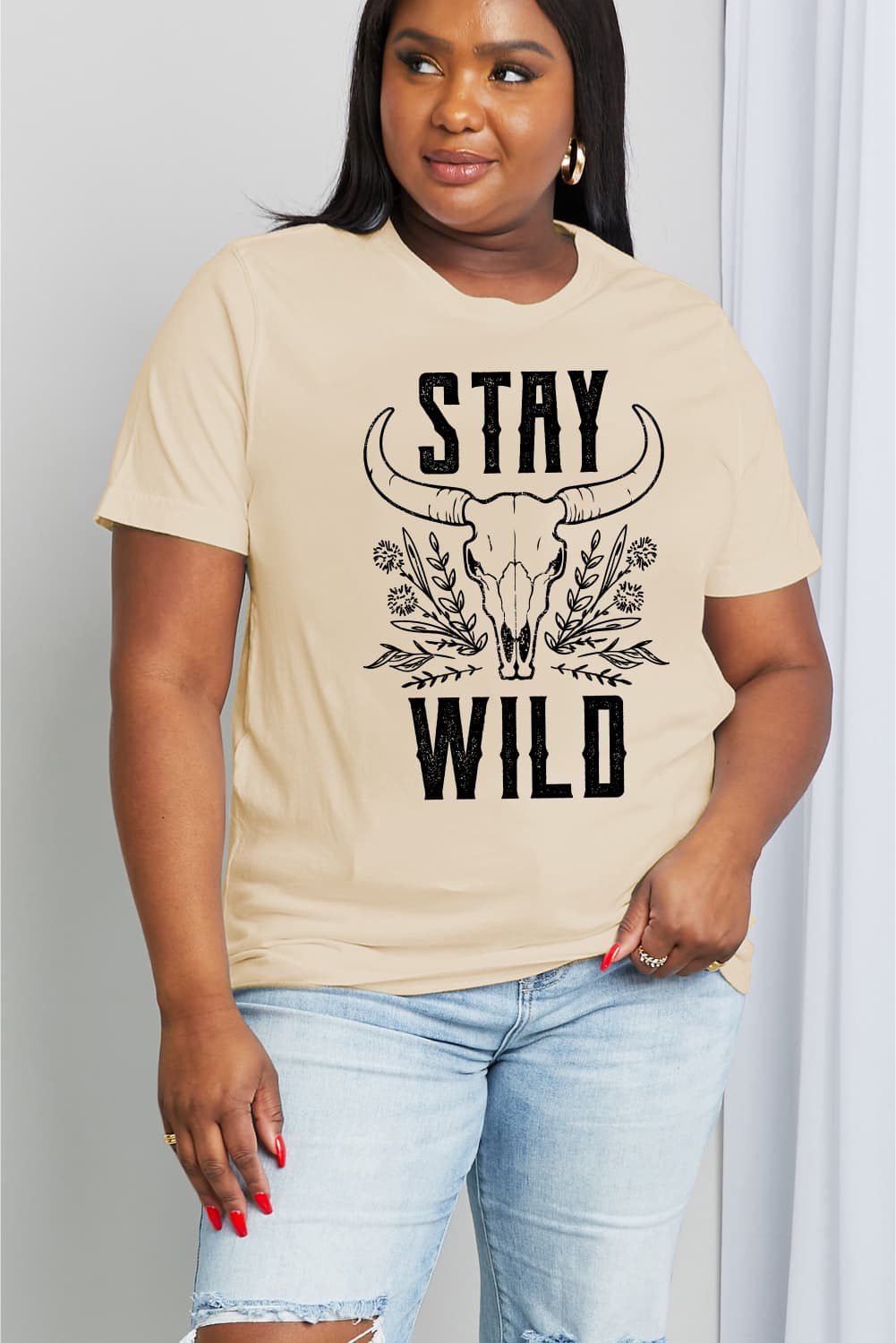 Simply Love Full Size STAY WILD Graphic Cotton Tee in casual style, featuring a round neck and short sleeves, made from 100% cotton.