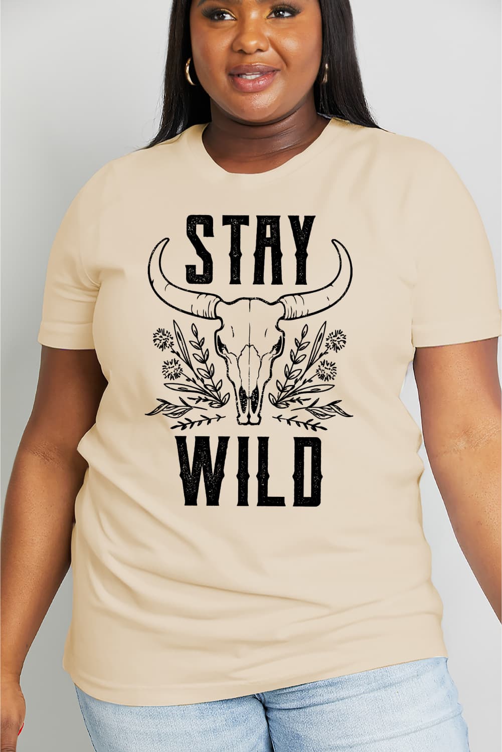 Simply Love Full Size STAY WILD Graphic Cotton Tee in casual style, featuring a round neck and short sleeves, made from 100% cotton.