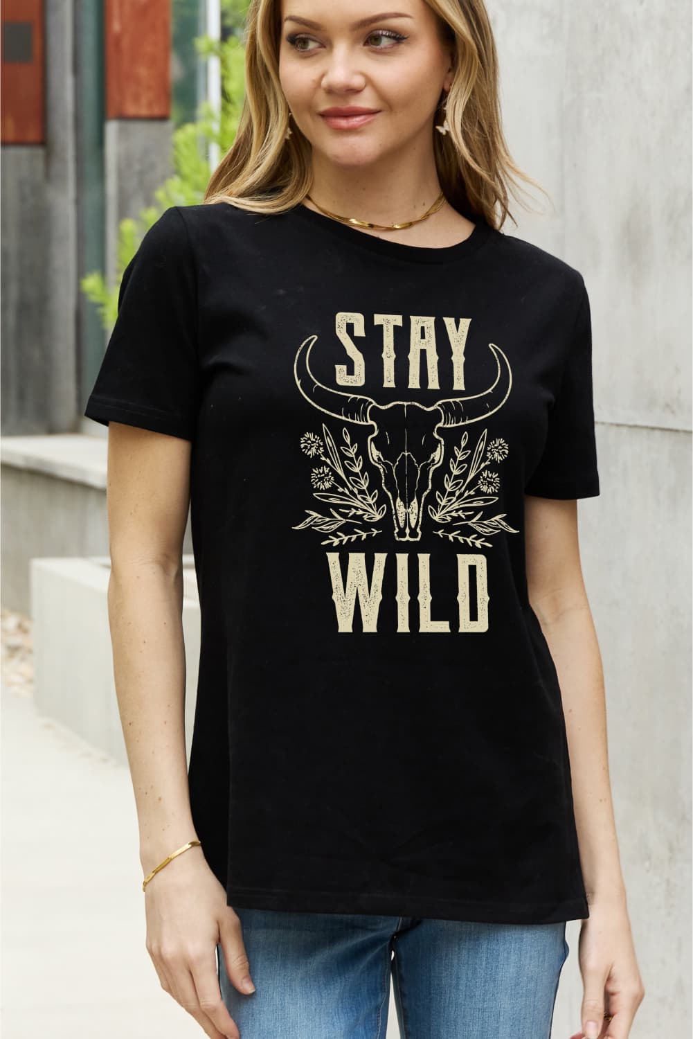 Simply Love Full Size STAY WILD Graphic Cotton Tee in casual style, featuring a round neck and short sleeves, made from 100% cotton.