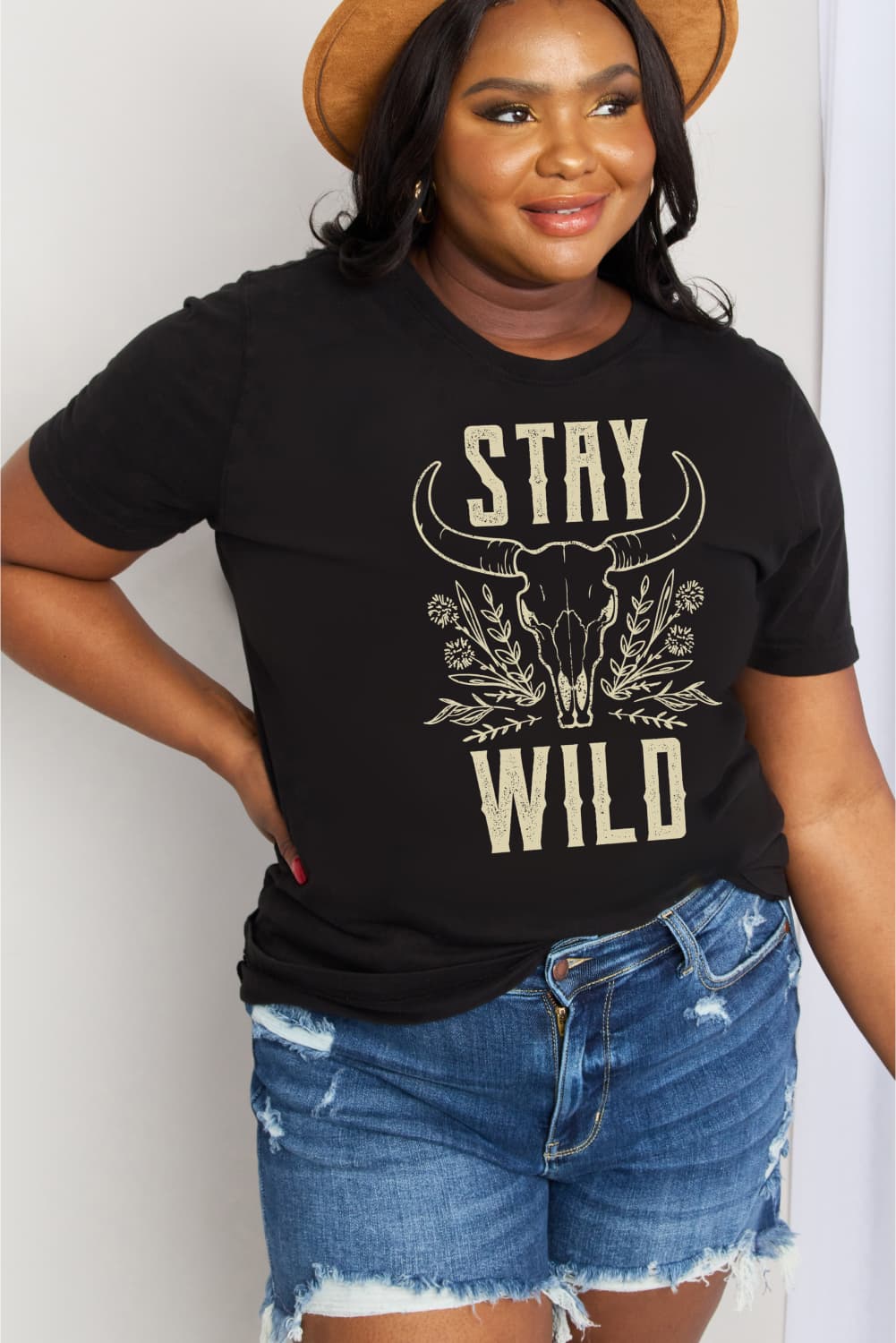 Simply Love Full Size STAY WILD Graphic Cotton Tee in casual style, featuring a round neck and short sleeves, made from 100% cotton.