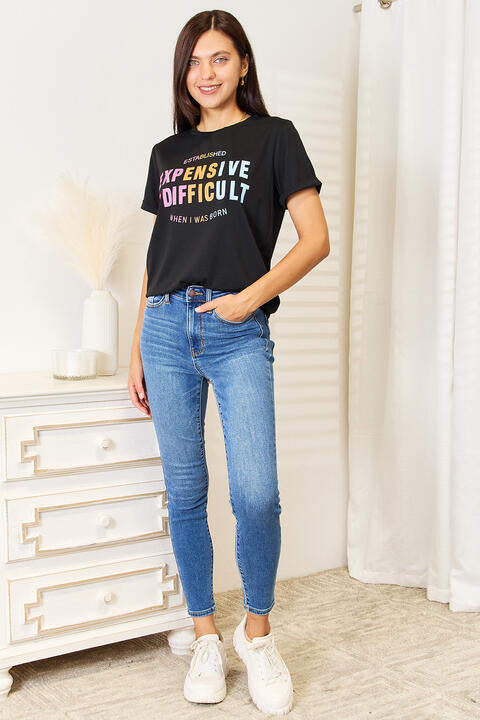 Simply Love Slogan Graphic Cuffed Sleeve T-Shirt featuring a bold slogan and cuffed sleeves, perfect for casual wear.