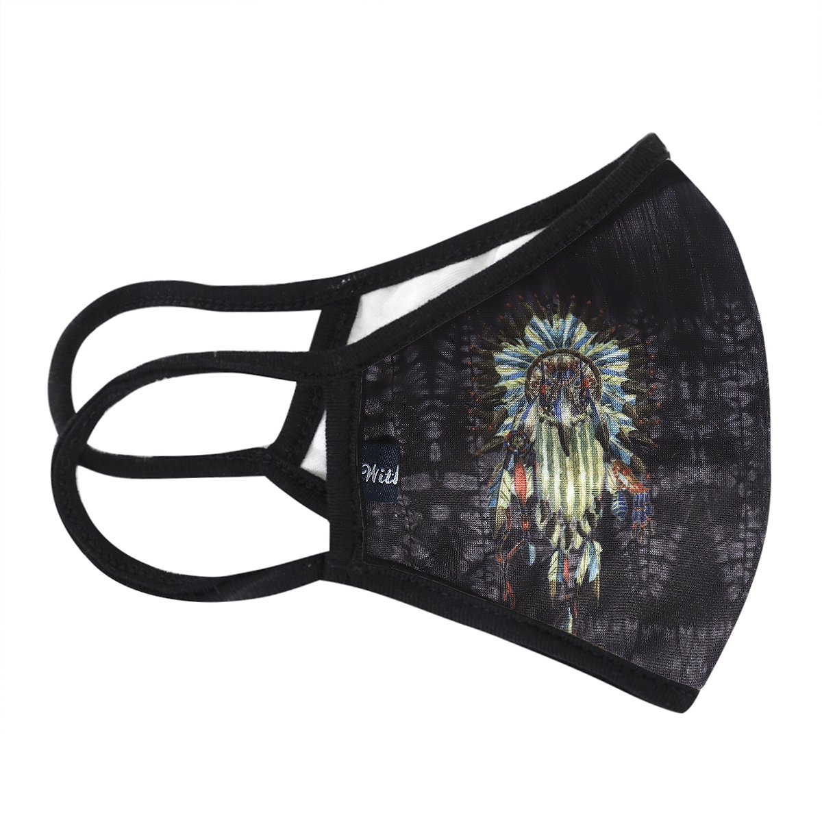 Sioux Feather 3-Layered Face Cover featuring a unique feather print design, made from polyester and cotton, suitable for unisex wear.