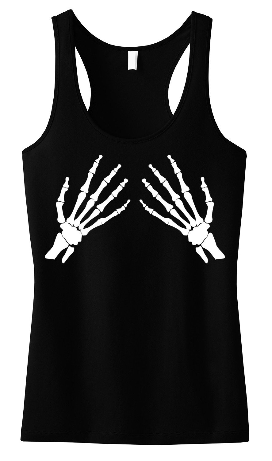 Black racerback tank top featuring a unique skeleton hands graphic design, made from a soft cotton/poly blend for comfort.