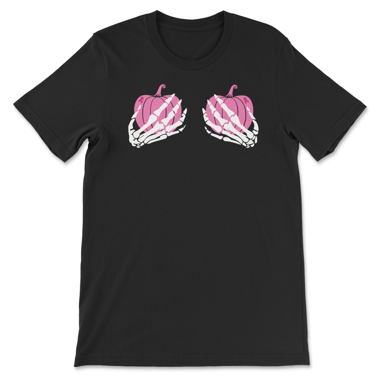 Skelton Pumpkin Boobs Tee featuring a playful Halloween design promoting Breast Cancer Awareness.