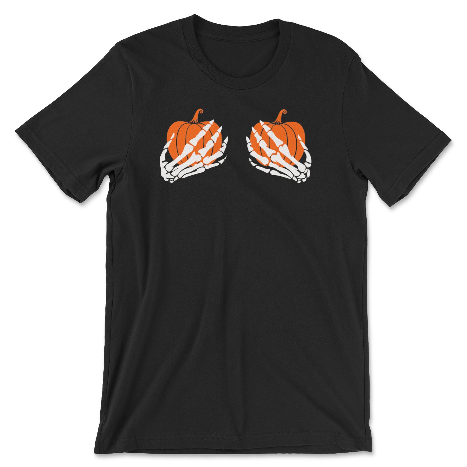 A playful Skelton Pumpkin Boobs Tee featuring a whimsical skeleton and pumpkin design, perfect for Halloween celebrations.