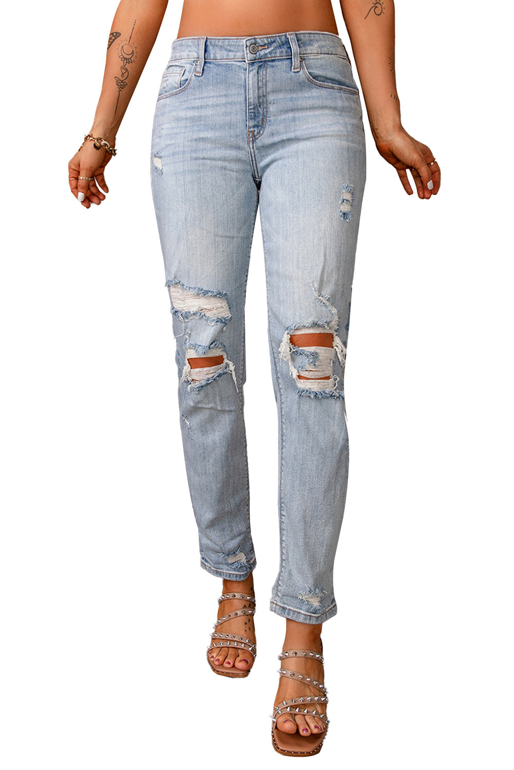 Sky Blue Ripped Mid Waist Jeans featuring a vintage acid-washed look with stylish ripped details.