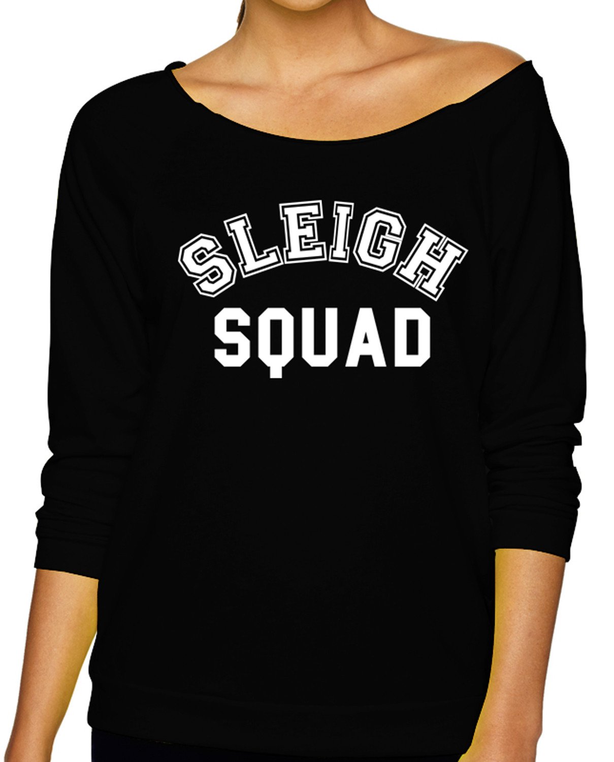 SLEIGH SQUAD Christmas Slouchy Sweatshirt in red and black, showcasing festive design and comfortable fit.