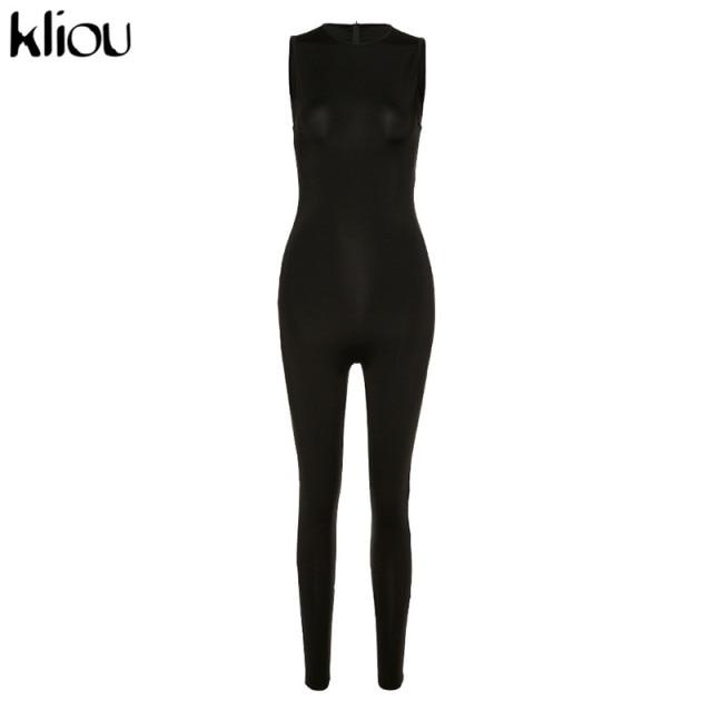 Kliou sleeveless activewear skinny outfit featuring ankle-length pants and a solid pattern, designed for women aged 18-35.