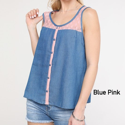 A stylish sleeveless chambray button-down sheer top featuring a lace yoke, perfect for summer outfits.