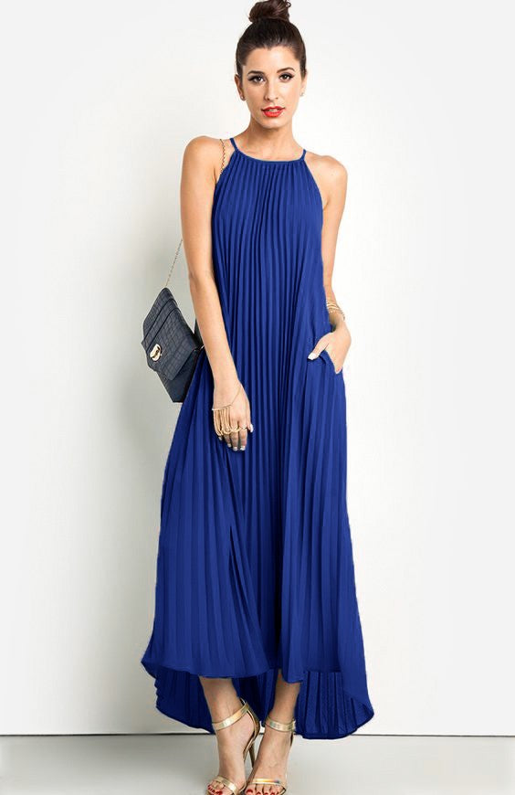 Elegant blue sleeveless pleated maxi dress with round neckline and neck ribbons, made in Italy, perfect for various occasions.