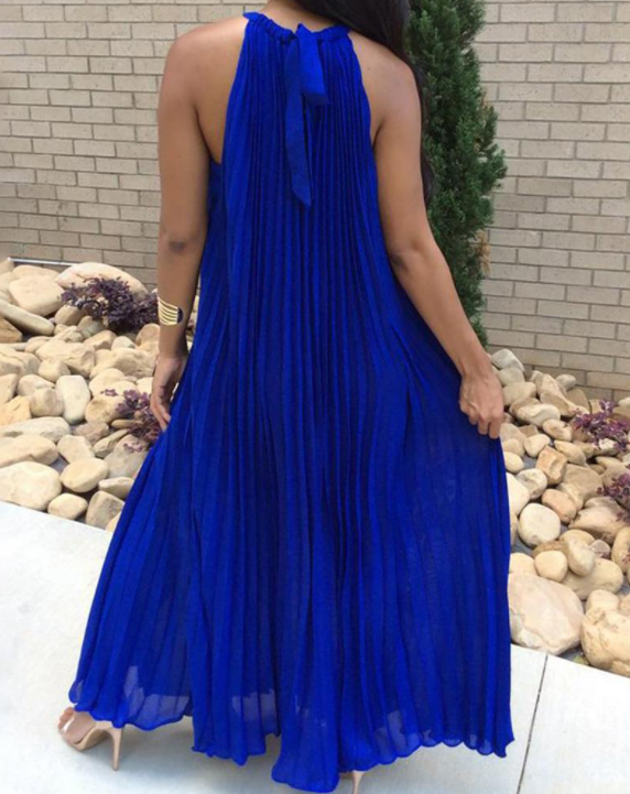 Elegant blue sleeveless pleated maxi dress with round neckline and neck ribbons, made in Italy, perfect for various occasions.