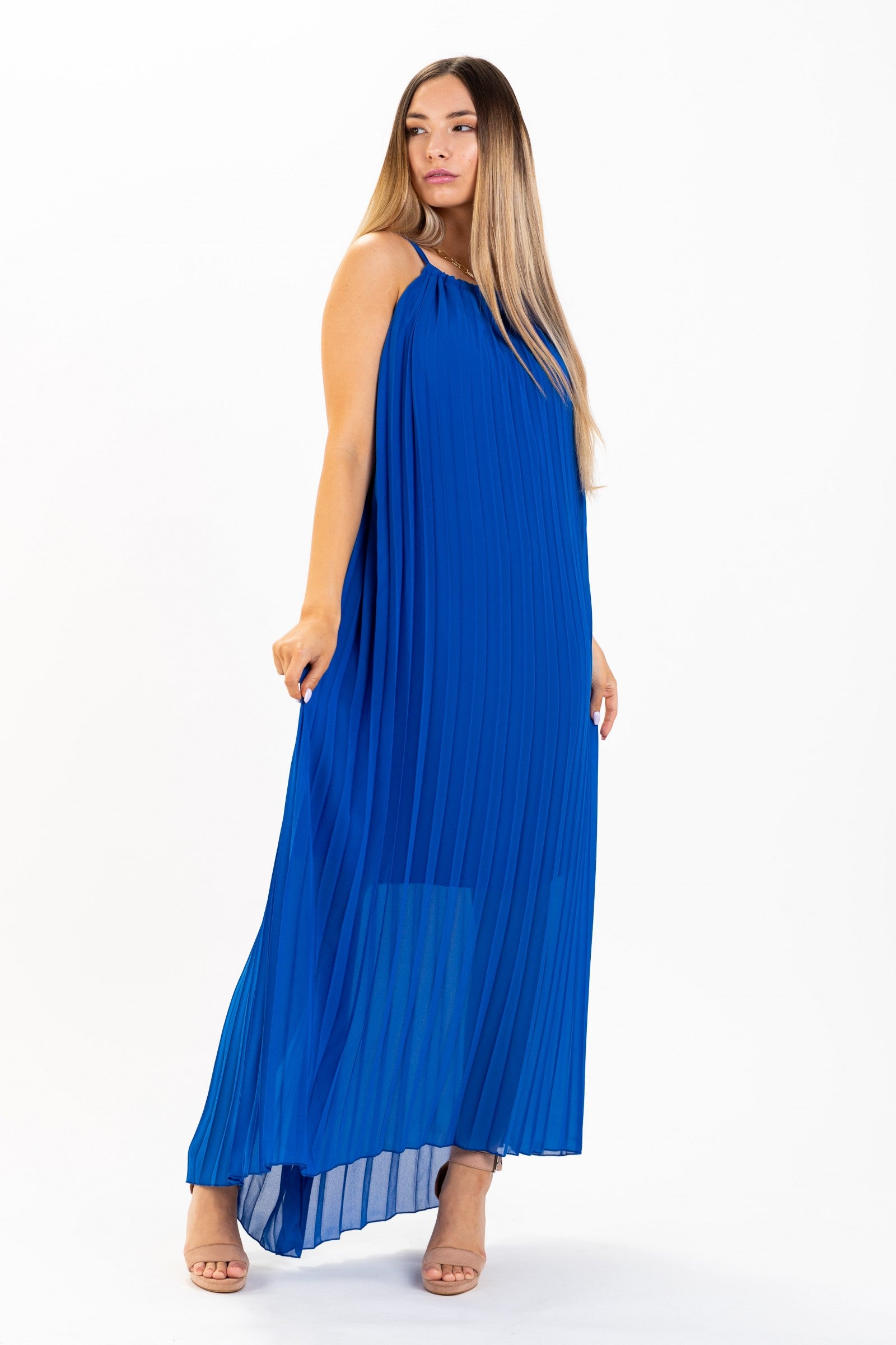 Elegant blue sleeveless pleated maxi dress with round neckline and neck ribbons, made in Italy, perfect for various occasions.