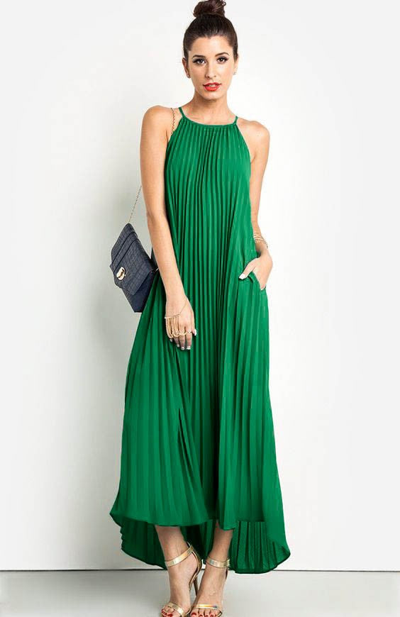 Idella Sleeveless Pleated Maxi Dress in green, showcasing elegant pleats and a loose fit design.