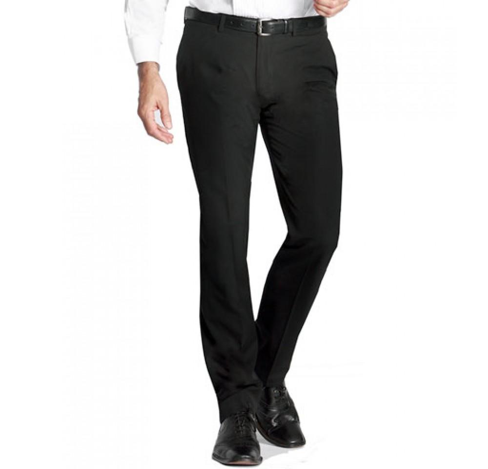 A pair of sleek black slim fit dress pants designed for modern men, featuring flat front style and practical pockets.