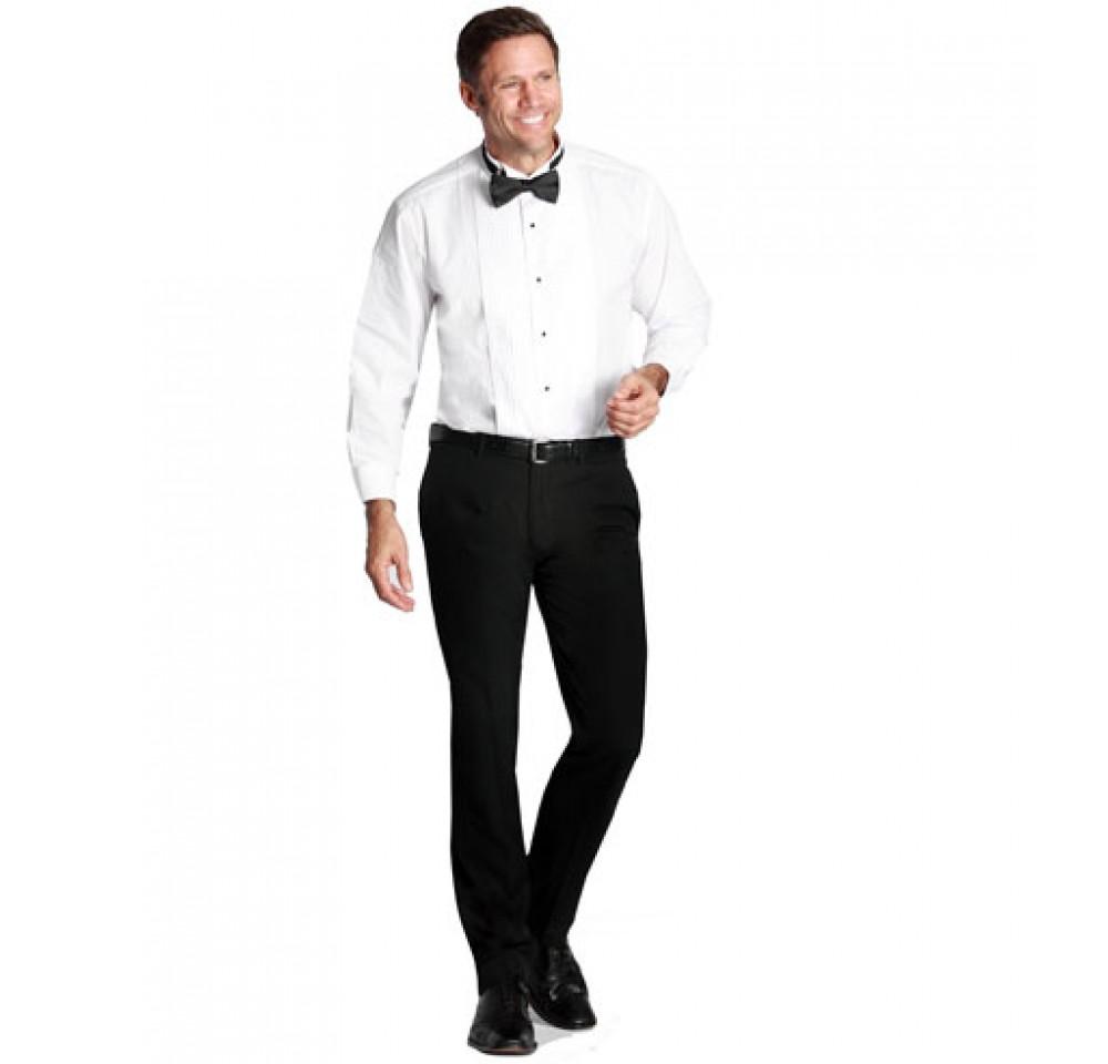 A pair of sleek black slim fit dress pants designed for modern men, featuring flat front style and practical pockets.