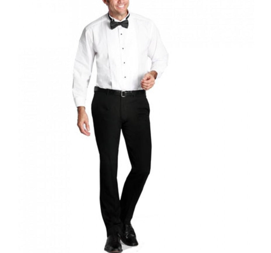 A pair of sleek black slim fit dress pants designed for modern men, featuring flat front style and practical pockets.