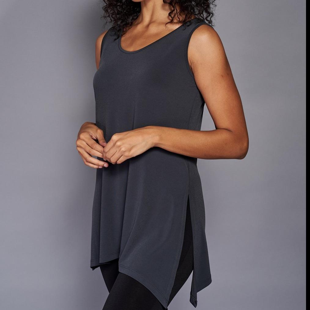 A stylish Slim Side Slit Tank featuring a scoop neck and side slits, made from soft stretch knit jersey, perfect for casual or chic outfits.