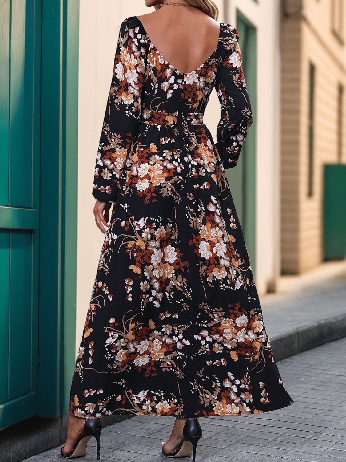 A stylish Slit Printed Surplice Long Sleeve Maxi Dress featuring a slit design, long sleeves, and a flattering silhouette, perfect for various occasions.