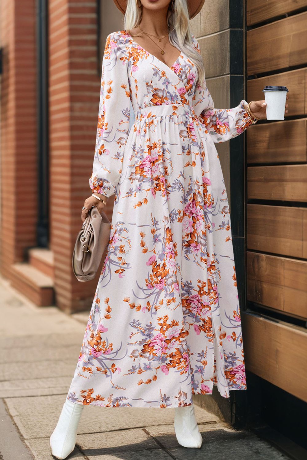 A stylish Slit Printed Surplice Long Sleeve Maxi Dress featuring a slit design, long sleeves, and a flattering silhouette, perfect for various occasions.