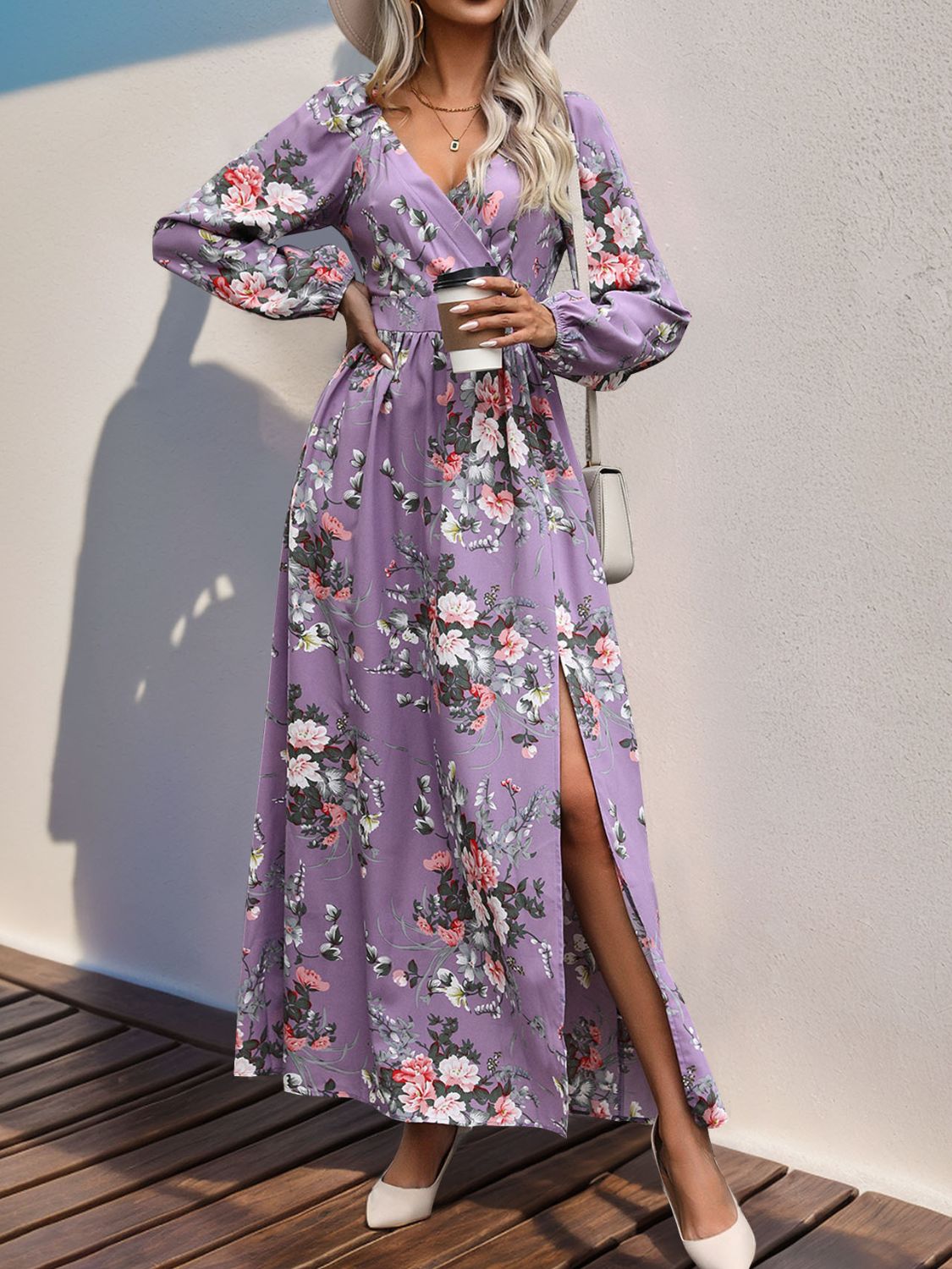 A stylish Slit Printed Surplice Long Sleeve Maxi Dress featuring a slit design, long sleeves, and a flattering silhouette, perfect for various occasions.