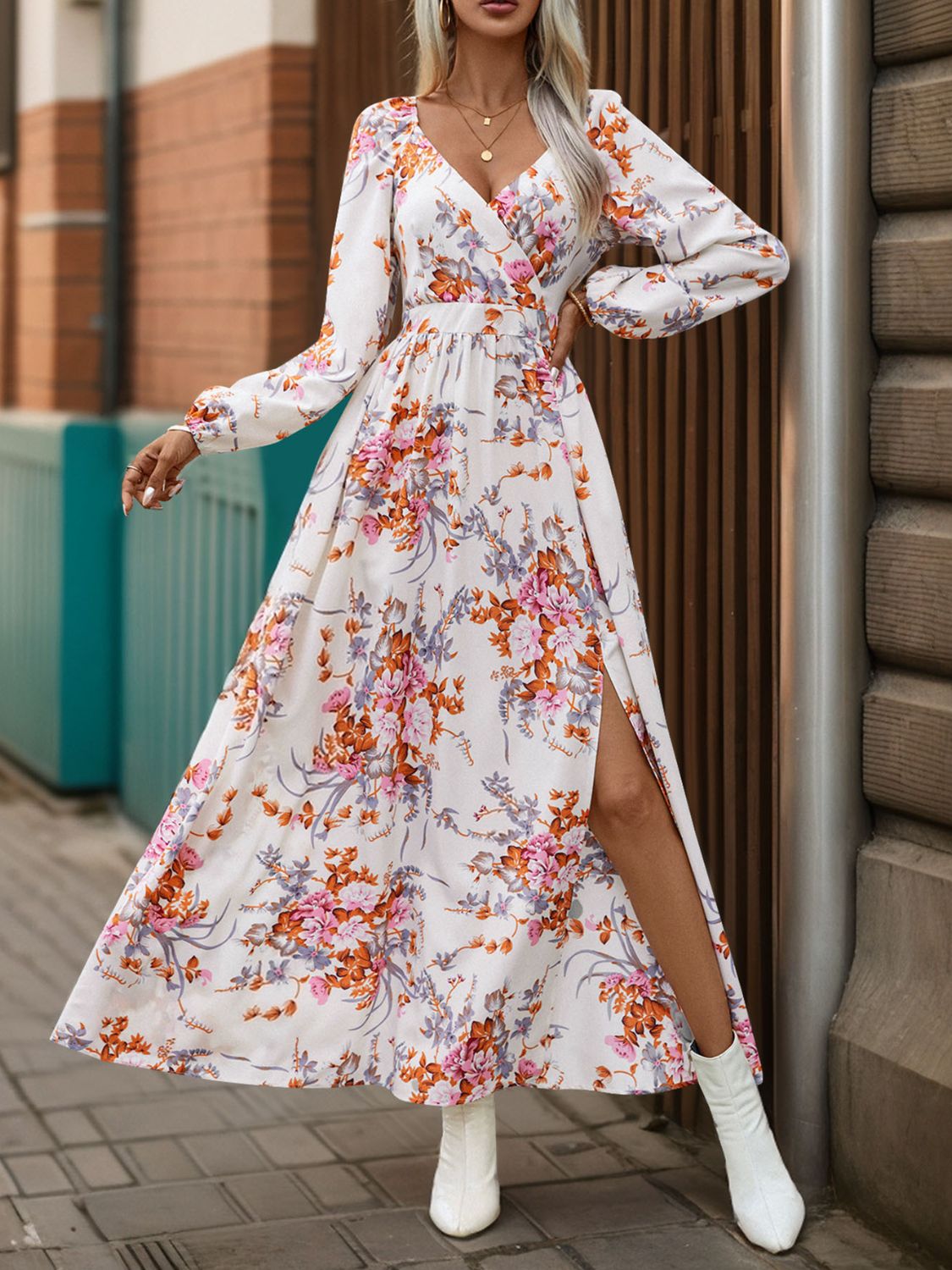 A stylish Slit Printed Surplice Long Sleeve Maxi Dress featuring a slit design, long sleeves, and a flattering silhouette, perfect for various occasions.