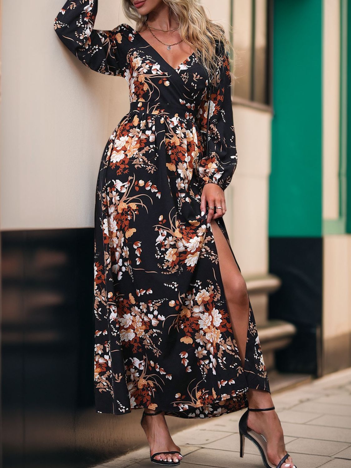 A stylish Slit Printed Surplice Long Sleeve Maxi Dress featuring a slit design, long sleeves, and a flattering silhouette, perfect for various occasions.