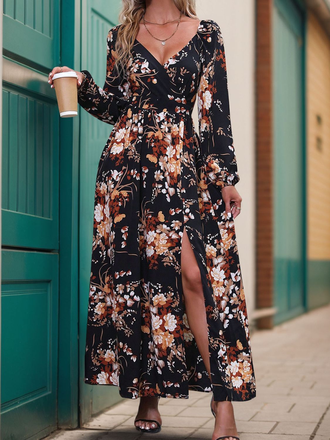 A stylish Slit Printed Surplice Long Sleeve Maxi Dress featuring a slit design, long sleeves, and a flattering silhouette, perfect for various occasions.