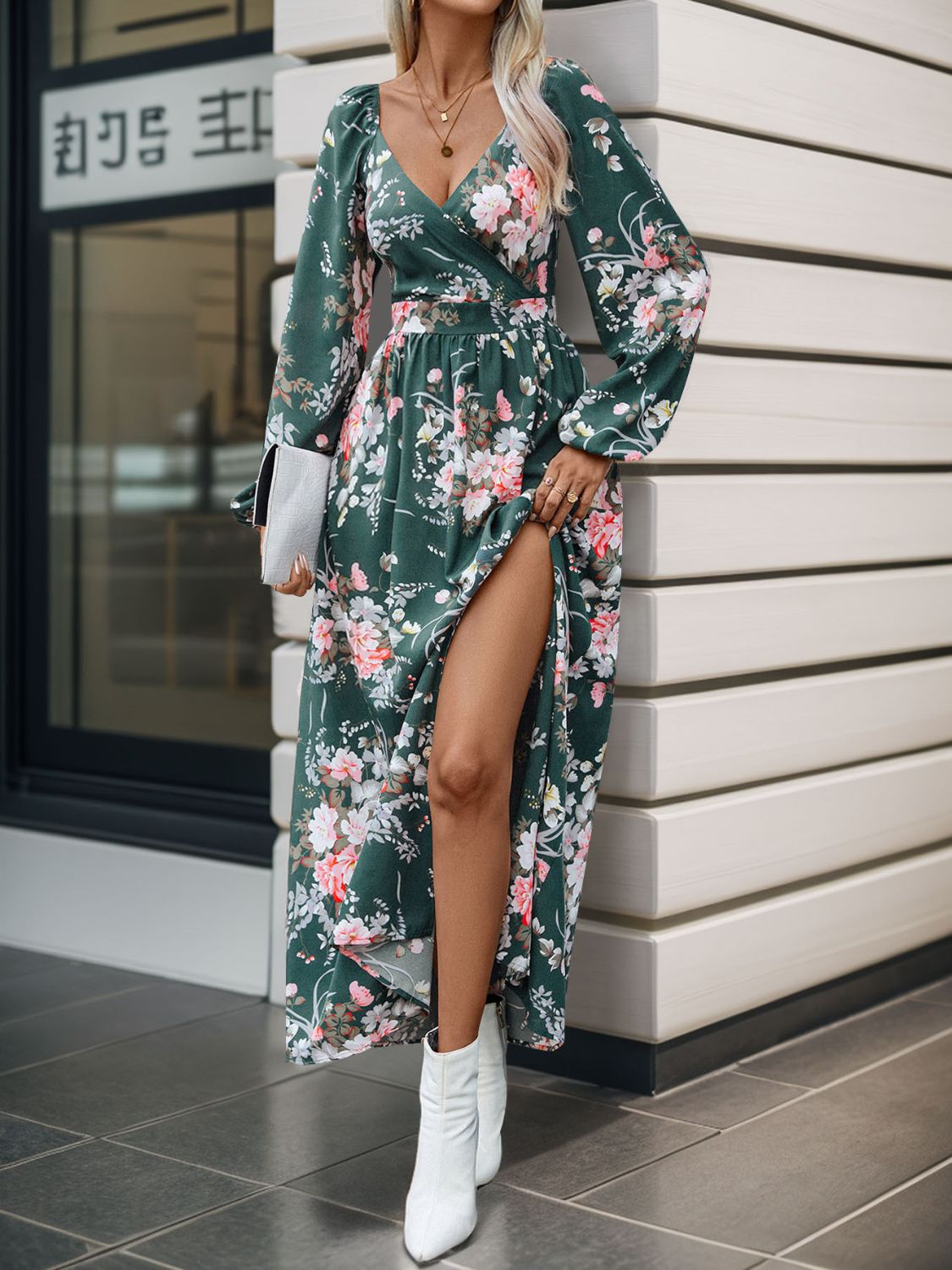 A stylish Slit Printed Surplice Long Sleeve Maxi Dress featuring a slit design, long sleeves, and a flattering silhouette, perfect for various occasions.