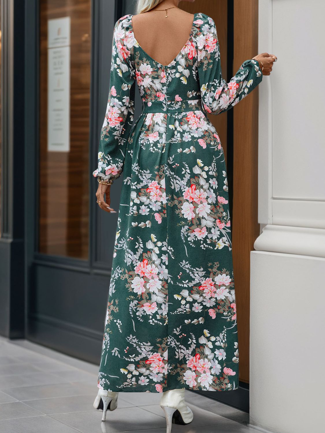 A stylish Slit Printed Surplice Long Sleeve Maxi Dress featuring a slit design, long sleeves, and a flattering silhouette, perfect for various occasions.